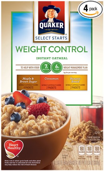 Quaker Instant Oatmeal Weight Control, Variety Pack, Breakfast Cereal, 8 Packets Per Box ,12.6 Ounce (Pack of 4)