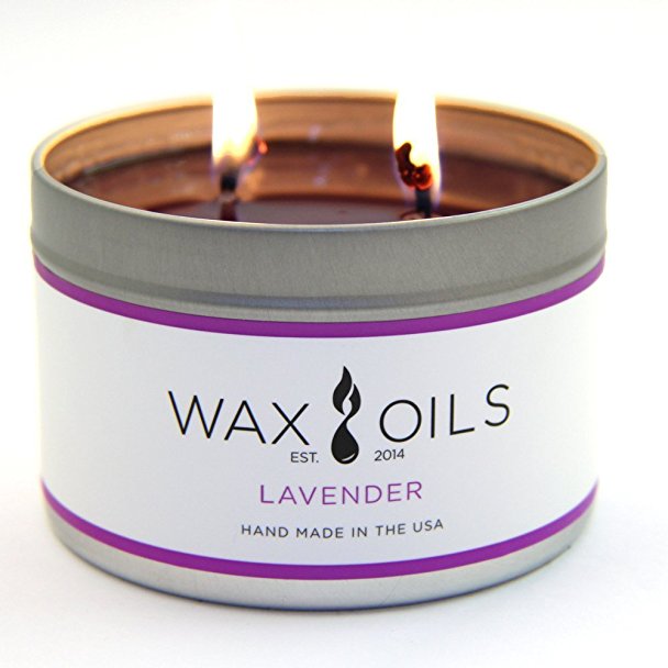 Wax and Oils (Lavender 16 Ounce Tin) Soy Aromatherapy Double Wick Candle, Made in USA