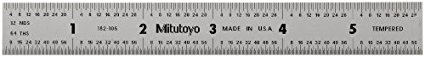 Mitutoyo 182-105, Steel Rule, 6" X 150mm, (1/32, 1/64", 1mm, 1/2mm), 3/64" Thick X 3/4" Wide, Satin Chrome Finish Tempered Stainless Steel