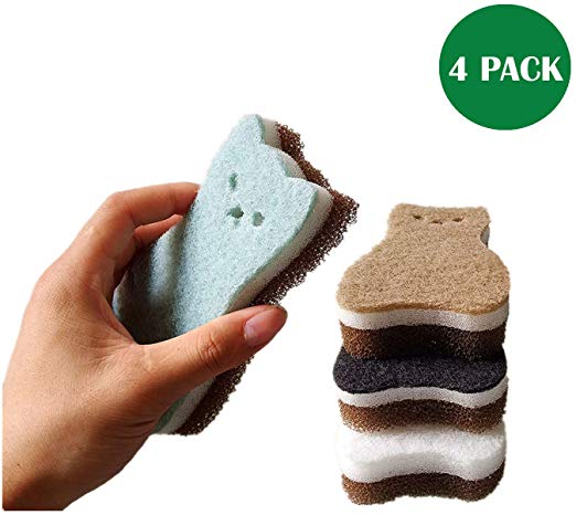 Kitchen Scrub Sponges Non-Scratch Multi-Use Heavy Duty Scrub Sponge for Dishes, Pots and Pans，Three-Layer Cat Shape Cleaning Sponge（4pack）