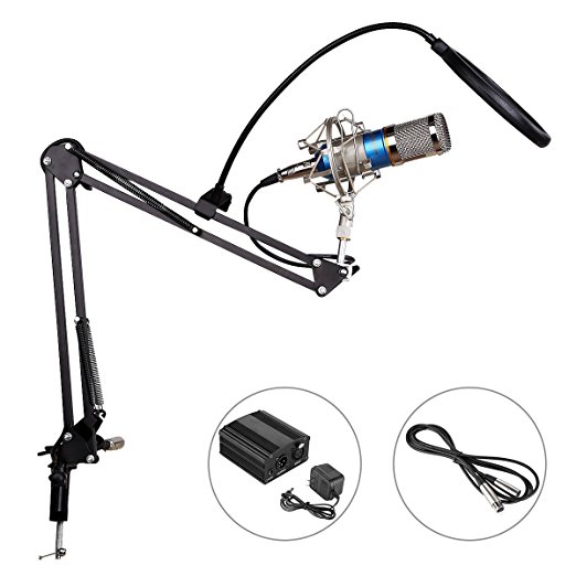 Excelvan BM-800 Condenser Microphone   Phantom Power   NB-35 Stand with Cable   T1 Pop Filter Wind Screen for Radio Broadcasting Studio Recording (Blue)