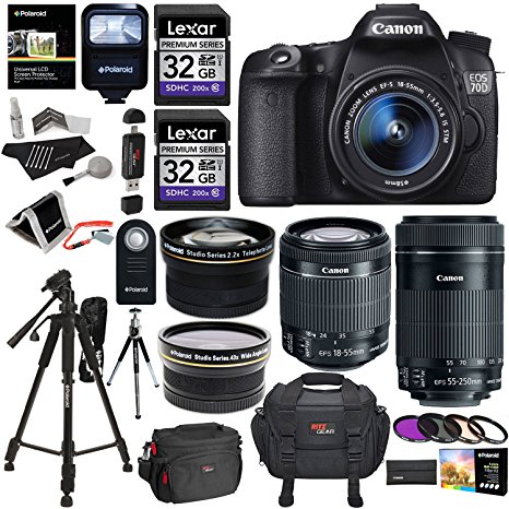 Canon EOS 70D 20.2 MP AF Full HD 1080p DSLR Camera Bundle with EF-S 18-55mm f/3.5-5.6 IS STM Lens, 55-250mm Image Stabilizer Zoom Lens and Accessory Kit (20 Items)