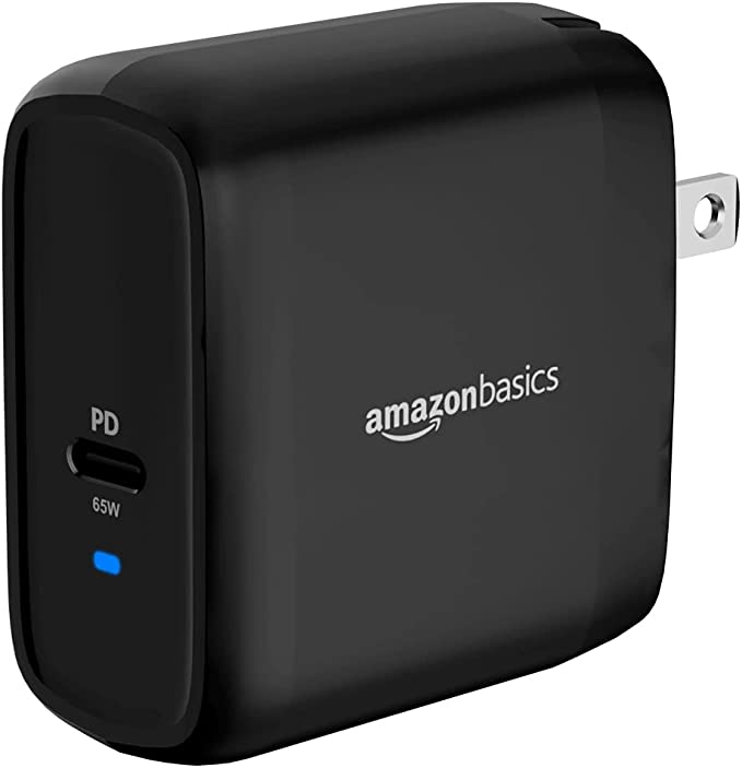 AmazonBasics 65W One-Port GaN USB-C Wall Charger for Laptops, Tablets and Phones with Power Delivery - Black