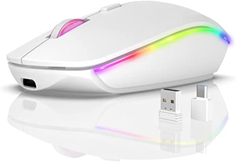 Backlit Wireless Mouse Rechargeable, Silent and Portable, SABLUTE LED Light Up Mouse with 2.4G USB Receiver, Sleep Mode, Cordless Travel Mouse for Laptop Computer, MacBook, Chromebook (White)