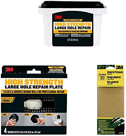 3M High Strength Large Hole Repair, 12 fl. oz, 4-Pack Repair Plates, and 3M General Purpose Sandpaper Sheets, 3-2/3-Inch by 9-Inch, Assorted Grits