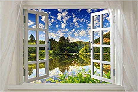 Window onto beautiful Lake SCENIC POSTER 24X36 water reflection BLUE SKY - (not a decal)