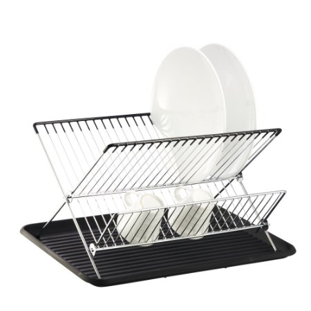 Deluxe Chrome-plated Steel Foldable X Shape 2-tier Shelf Small Dish Drainers with Drainboard (Black)