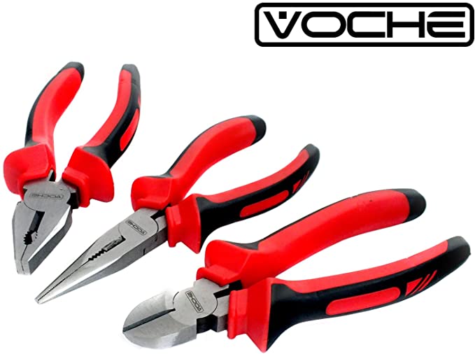 Voche 3 Piece Heavy Duty 6" (150mm) Pliers Set - Combination, Long Nose and Side Cutting Pliers