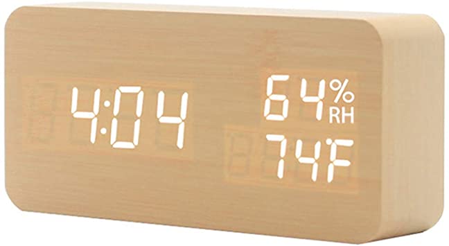 F.G. MINGSHA Alarm Clock Wooden Digital Clock Modern Decorative Electronic LED Desk Clock Display Time Date Temperature Humidity 3 Alarms Brightness Adjustable for Home Office Bedroom(Beige)