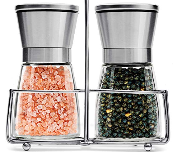 Salt and Pepper Grinder Set with Stand | Best Salt and Pepper Shakers - Adjustable Coarseness & Ceramic Mechanism - Premium Quality Stainless Steel & Glass - Salt and Pepper Mill - Perfect for Kitchen