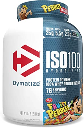 Dymatize ISO100 Hydrolyzed Protein Powder, 100% Whey Isolate Protein, 25g of Protein, 5.5g BCAAs, Gluten Free, Fast Absorbing, Easy Digesting, Fruity Pebbles, 5 Pound