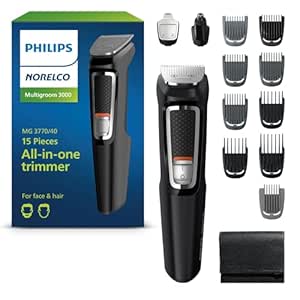 Philips Norelco Multigroom Series 3000, All-in-One Trimmer and Hair Clipper, 15-Piece Men's Grooming Kit for Beard, Face, Nose, and Ear, No Blade Oil Needed, Storage Pouch, Model MG3770/40