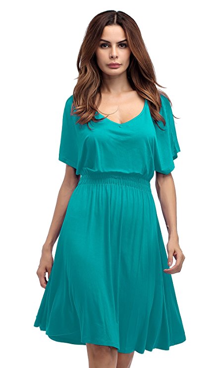 LouKeith Women Plus Size Casual V Neck Short Cap Sleeve Slim Tunic Flare Dress