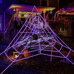 Spider Webs Halloween Decorations - Lighted Giant Spider Web with Spiders, Scary Outdoor Yard Decor, Fake Cobwebs, Large White Spider Web for Halloween, Outdoor Spider Decorations