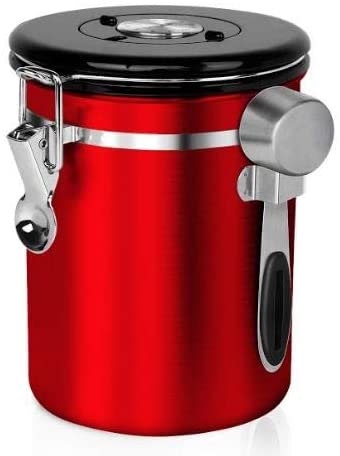 Chef's Star Stainless Steel Airtight Canister Coffee Vault with Built-in CO2 Gas Vent Valve and Date Tracking Wheel for Coffee Beans and Coffee Grounds (32 oz, Red)