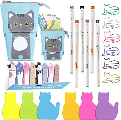 Cat Office Supplies Cat-shaped Sticky Notes Paper Clips Transformer Telescopic Pencil Pouch Holder Cat Gel Ink Pens Cartoon Cat Note Page Flag for Home School Office Cat Lovers (Cute Gray Cat)