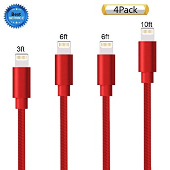 Zcen Lightning Cable, 4 Pack 3Ft 6Ft 6Ft 10Ft - Nylon Braided Cord iPhone Cable to USB Charging Charger for iPhone 7, Plus, 6, 6S, SE, 5S, 5, 5C, iPad, iPod - Red