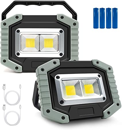 Rechargeable LED Work Light, Portable Waterproof COB Floodlight, 30W 1500LM, Super Bright Camping Lights for Outdoor and Indoor, Gray, 2Pack