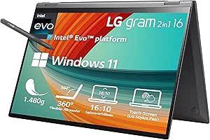 LG gram 16 Zoll Ultralight 2-in-1 Convertible Notebook & Tablet - 1,48kg Intel Core i7 (16GB LPDDR4, 1 TB SSD, 21 h Akku,16:10 WQXGA IPS Display, Thunderbolt 4, Windows 10 Home Plus) - Schwarz