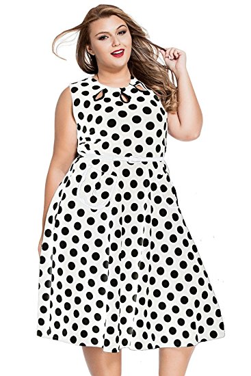 JomeDesign Women Polka Dot O Neck Sleeveless Boho 50s Vintage Dress Plus Size