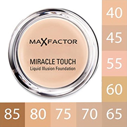 MAX FACTOR - Miracle Touch Face Foundation Make Up, Over 30 Different Cosmetic Shades & Pack Size Poducts To Choose From - (1 PACK, 45 WARM ALMOND)