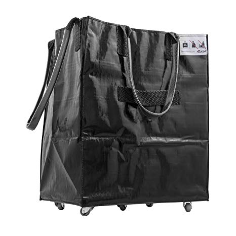 HULKEN - (Single Large, Shiny Black) Grocery Shopping Bag With Stainless Steel Wheels, Lightweight, Can Carry Up To 66 lb, Folds Flat, 3 Built-In Handles