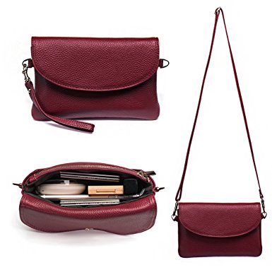 Befen Full Grain Leather Wristlet Clutch Crossbody Phone Wallet, Mini Cross Body Bag with Shoulder Strap / Wrist Strap/Card Slots for iPhone 6S Plus/Samsung Note 5 – Burgundy