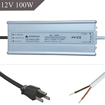 100W LED Power Suppply 12 Volt DC Waterpoof IP67 Driver Transformer with 3-Prong Plug
