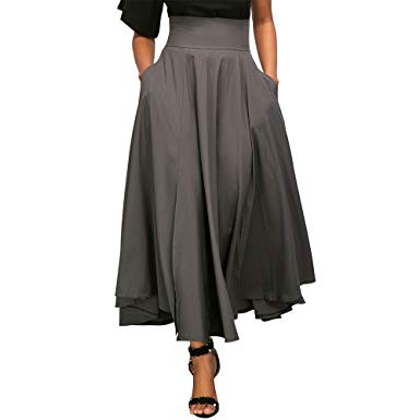 Jessica CC Women' s High Waist Pleated A Line Midi Long Skirt Front Slit Belted Maxi Skirt S-XXL