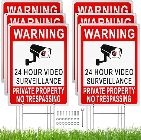 Zonon 6 Pack Private Property No Trespassing Sign 24 Hour Video Surveillance Sign Home Security Signs with H Stake Reflective Aluminum Security Camera Sign for Home Yard Safety, 7.9 x 11.8 Inch