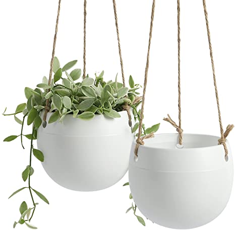 Ceramic Hanging Planters Plant Pots - POTEY 056701 4.7 Inch Indoor Hanging Pots Round Plant Holder Home Decor with Jute Rope for Succulents Herbs Ivy Ferns Crawling Plants Small Plants(Set of 2)