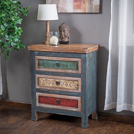 Leo Solid Wood 3 Drawers Chest Cabinet in Weathered Multi-colored Finish