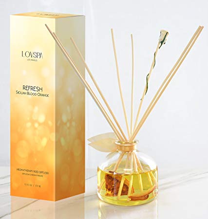 LOVSPA Sicilian Blood Orange Citrus Essential Oil Reed Diffuser Set | Refresh Made with Essential Oils & Real Orange Pieces! Aromatherapy Fragrance Oil for Scented Sticks | Room Air Freshener