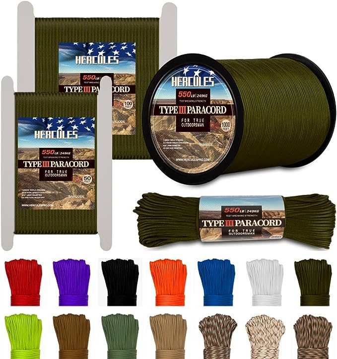 HERCULES Type III Paracord 550 Paracord Rope Parachute Cord, 100' Army Green Paracord for Camping Rope, Survival Rope