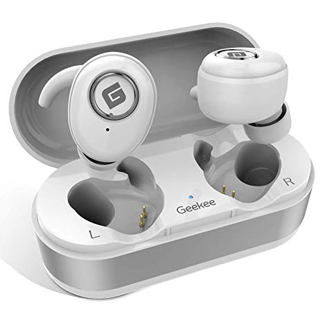 True Wireless Earbuds Bluetooth 5.0 Headphones, in-Ear TWS Stereo Headset w/Mic Extra Bass IPX5 Sweatproof Low Latency Instant Pairing 15H Battery Charging Case Noise Cancelling Earphones (Silver)