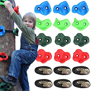 Odoland Ninja Tree Climbers, 12 Rock Climbing Holds with 6 Sturdy Ratchets and Straps for Safety, Climbing Monkey Ninja Warrior Training Equipment for Kid and Adult