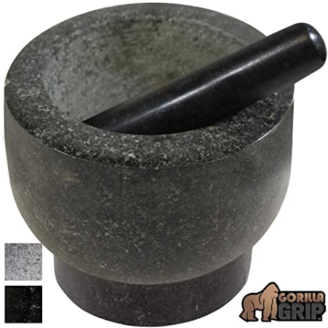 Gorilla Grip Original Mortar and Pestle, Medium Size, 6 Inch, Holds 2 Cups, Slip Resistant Bottom, Heavy Duty Polished Granite, Guacamole Molcajete Bowl, Kitchen Spices, Herbs, Pesto Grinder, Black