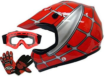 TMS Youth Kids Red Spider Net Dirt Bike Atv Motocross Helmet W/goggles/gloves (Small)