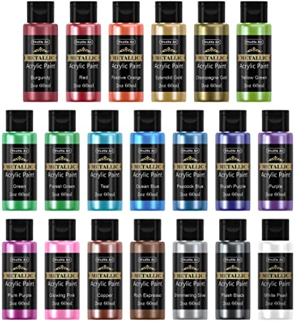 Metallic Acrylic Paint Set, Shuttle Art 20 Colors Metallic Paint in Bottles (60ml, 2oz) with 3 Brushes and 1 Palette, Rich Pigments, Non-Toxic for Artists, Beginners on Rocks Crafts CanvasWood Fabric