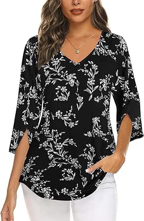 Tencole Womens Tops Summer Dressy 3/4 Ruffle Sleeve Blouses Tunic V Neck Casual