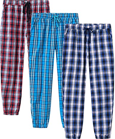 JINSHI Men's Cotton Pyjama Bottoms Button Fly Check Lounge Pants Nightwear