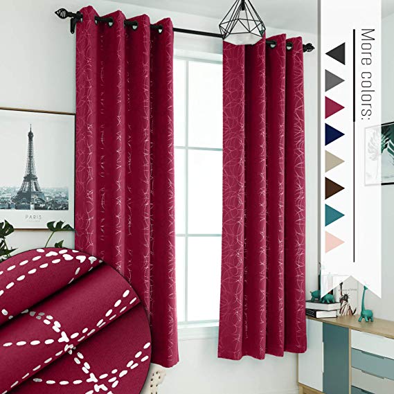 Sophia & William 52" W x 63" L Blackout Curtains with Grommets Thermal Insulated, Hot Stamping (Silver) Stitched Swirl Pattern - 2 Panels, Cardinal