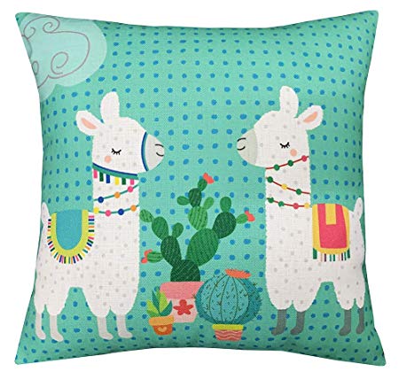 18'' Llama Cactus Throw Pillow Case Covers Cute Animal Cushion Covers Square (Green)
