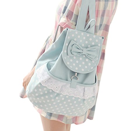 WINK KANGAROO Cute Polka Dot Bow Lace Casual Canvas Backpack Rucksack Day pack School Bag College Bag