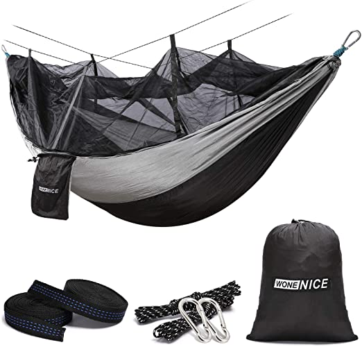 WoneNice Hammock with Mosquito Net, Portable Lightweight Nylon Parachute Multifunctional Hammock with Net and Tree Straps for Camping, Backpacking, Travel, Beach, Yard. (Black/Grey)