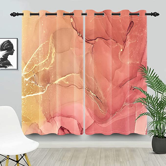 OFILA Marble Texture Curtains 84 Inches Long for Bedroom Living Room, Granite Surface Fluid Gold Foil Modern Abstract Art Blackout Curtain with Grommet Set of 2 Panel,53 x 84 Inch,Orange