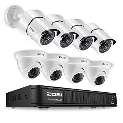 ZOSI 8 Channel Full 1080p HD-TVI Security Camera System,Surveillance DVR Recorders with (8) 2.0MP 1920TVL Weatherproof Indoor/Outdoor Day/Night Bullet Dome Cameras