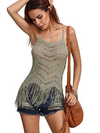 Romwe Women's Sexy Criss Cross Back Tank Tassel Hem Cami Top