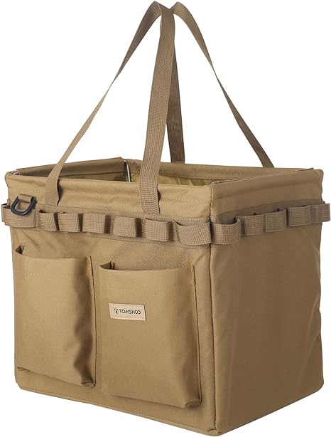 TOMSHOO Camping Storage Bag with Handles, 25L Tool Tote Bag Collapsible Tactical Bags for Outdoor Garden Tool Bag Camping Travel Picnic Garage Trunk Organizer (Khaki)
