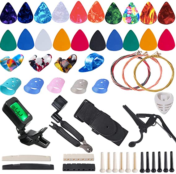 Guitar Accessories Kit Include Guitar Strings, Guitar Picks,Guitar Bridge Nut & Saddle，Bridge Pins, Tuner, Capo，Strap，Pick Holder, Restring Tool，Finger Protector，Finger Guitar Picks